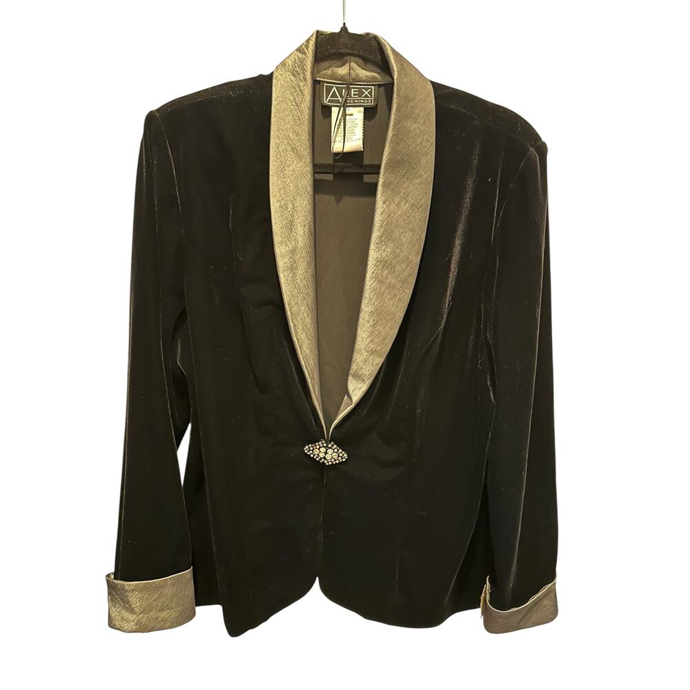 VTG Alex Evenings Black Velvet Blazer w/ Rhinestone Clasp Size XL Holiday